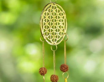 Gouden WINDGGELANG met koperen bellen, rudraksha-kralen: Flower of Life, woondecoratie E0494