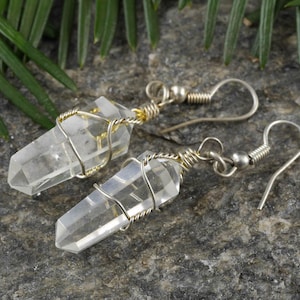CLEAR QUARTZ Earrings - Polished Double Ended Crystal Point Dangle Wire Wrap Jewelry, E0200