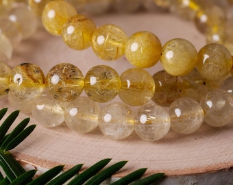 Golden RUTILATED QUARTZ Stone Bracelet  :  Genuine Stone 3-14mm Round Bead, Healing Crystal Jewelry, E0619