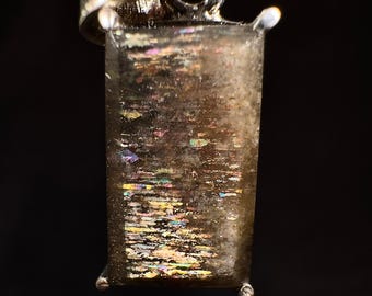 METEOR SUNSTONE Pendant - Sterling Silver, Rectangle - Genuine Rainbow Meteor Shower Sunstone Crystal Pendant from Tanzania, 53972