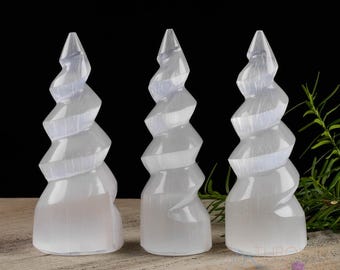 SELENITE Unicorn Horn  :  Crystal Wand, Home Decor Gift, Satin Spar, White Stone Spiral, E1126