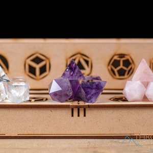 Platonic Solid Set, Crystal Grid Board Wooden Box, Amethyst, Rose & Clear Quartz - Crystal Starter Kit, Sacred Geometry, Metaphysical, E1914