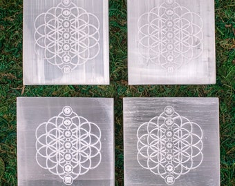 SELENITE oplaadplaat - Flower of Life, Chakra, White Square - Crystal Cleansing, Etched Selenite, Purification Stone, E1903