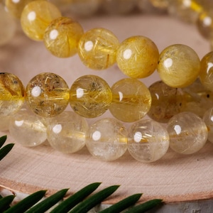 Golden Rutilated Quartz Crystal Bracelet  :  Round Bead Natural Stone Jewelry, E0619