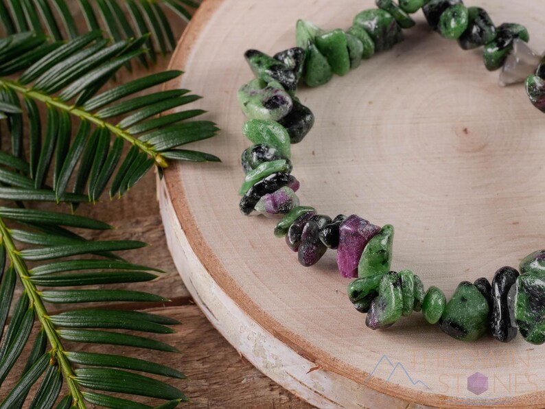 Handcrafted Genuine Ruby Zoisite chip bracelet. These green and red tumbled chips are drilled and strung on beading cord to create an endless bracelet. Each crystal bracelet is unique in shape and color and has a wrist circumference of about 6 inches