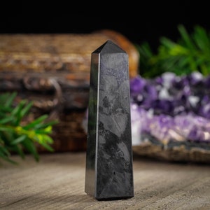 Shungite Crystal Tower. These genuine obelisk shaped crystal carvings are black with a polished finish and are great for crystal grids and decor. Each faceted crystal point is unique and will vary in size, shape, and color. Listing has variations.