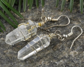 CLEAR QUARTZ Earrings - Crystal Point, Dangle Earrings, Wire Wrapped, Crystal Earrings - E0200