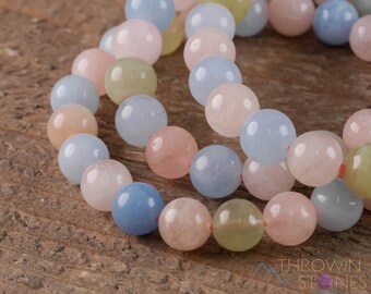 AQUAMARINE And MORGANITE Gemstone Bracelet  :  8-14mm Round Bead Crystal Jewelry, Multicolored Stone Bangle, E0573