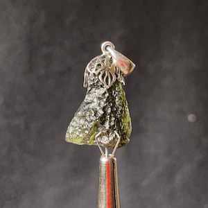 Raw MOLDAVITE Pendant - Sterling Silver, Leaf Bail - Moldavite Necklace Pendant, Pure Moldavite Jewelry, 44601
