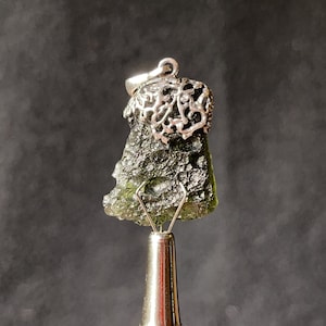 Raw MOLDAVITE Pendant - Sterling Silver, Leaf Bail - Moldavite Necklace Pendant, Genuine Moldavite Jewelry, 44611