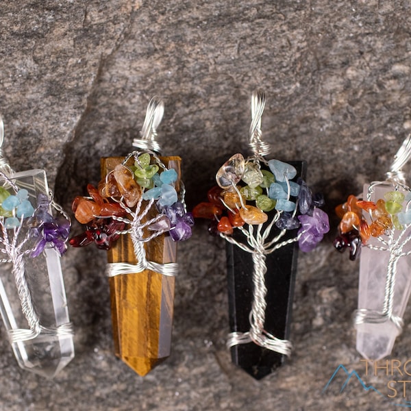 CHAKRA Tree of Life Pendant - Handmade Jewelry, Point Pendant, Crystal Carving, E2017