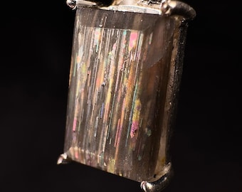 SUNSTONE Pendant With Flash - Sterling Silver, Rectangle Genuine Rainbow Meteor Shower Crystal, Tanzania, 53992