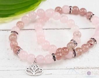 STRAWBERRY & ROSE QUARTZ Lotus Flower Bracelet – Round - Handmade Jewelry, Flower Charm, Crystal Bracelet, E0971