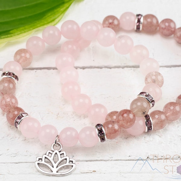 STRAWBERRY & ROSE QUARTZ Lotus Flower Bracelet – Round - Handmade Jewelry, Flower Charm, Crystal Bracelet, E0971