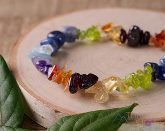 7 CHAKRA-armband met regenboogchipkralen: echte edelsteen handgemaakte elastische hippie-sieraden, E0628