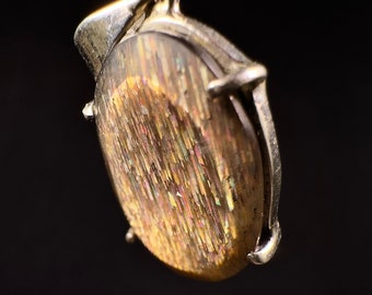 METEOR SUNSTONE Pendant - Sterling Silver, Oval - Genuine Rainbow Meteor Shower Sunstone Crystal Pendant from Tanzania, 53975
