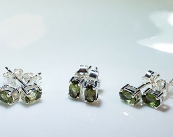 MOLDAVITE Post Earrings - Faceted, Sterling Silver - Crystal Earrings, Pure Moldavite Jewelry, Moldavite Jewelry with Certification,  E2160