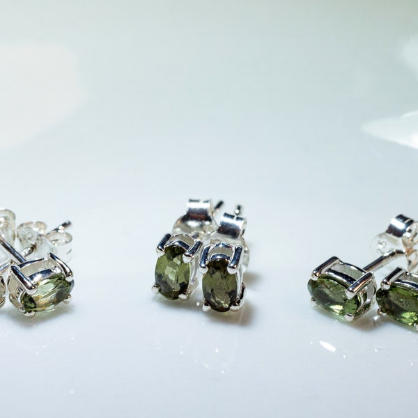 MOLDAVITE Post Earrings - Faceted, Sterling Silver - Crystal Earrings, Pure Moldavite Jewelry, Moldavite Jewelry with Certification,  E2160