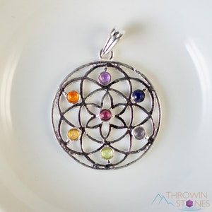 Flower of Life, Chakra Gemstone Pendant  - Sacred Geometry, Handmade Jewelry, Healing Crystals, E0144