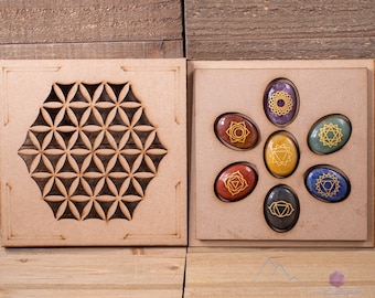 CHAKRA Crystals in Crystal Grid Board Wooden Box - Flower of Life - Crystal Starter Kit, Chakra Stones Set, Self Care Kit, E1757