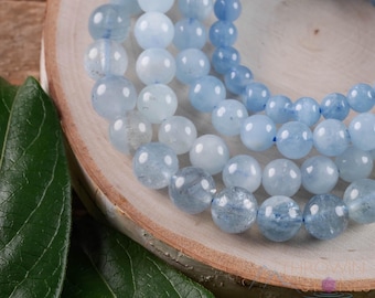 AQUAMARIN Kristallperlenarmband: 4-14 mm runde blaugrüne Edelsteine, Birthstone Schmuck, handgemachter Armreif, E0571