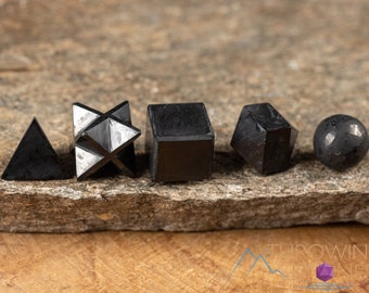 SHUNGITE Platonic Solids Set - 5 Pieces - Sacred Geometry, Polished Gemstones, Crystal Kit, E2146