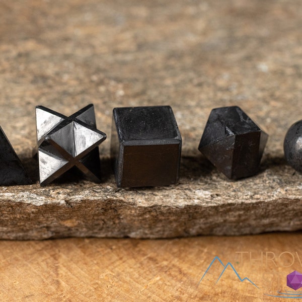 Ensemble de solides platoniciens SHUNGITE - 5 pièces - Géométrie sacrée, pierres précieuses polies, kit de cristaux, E2146