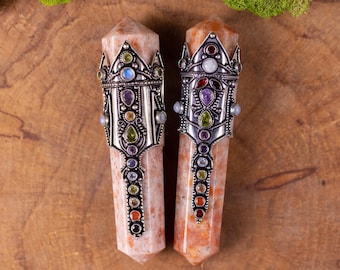 SUNSTONE Crystal Wand with Rainbow CHAKRA Gemstones - Double Terminated, Crystal Healing, Magic Wand, E2089