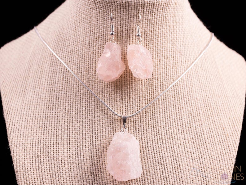 ROSENKVARTS Halsband Örhängen Set - Rå Sten Handgjorda Smycken, Naturliga Läkande Kristaller, E0553 bild 9