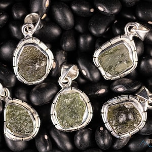 Raw MOLDAVITE Engraved Bezel Pendant :  Genuine Tektite Sterling Silver Jewelry with Certification, E2174