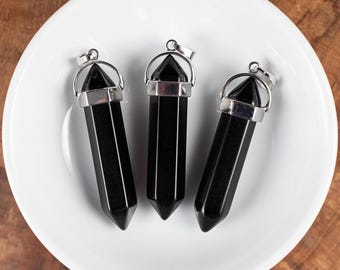 BLACK ONYX Gemstone Pendant - Double Terminated, Crystal Jewelry, Point Pendant, E1957