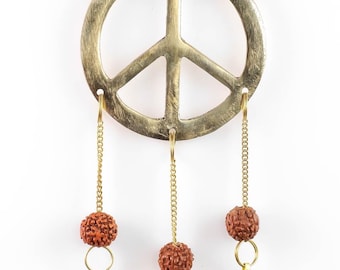 WIND CHIMES Gold Brass Bells Peace Sign  :  Rudraksha Beads Crystal Decor, Housewarming Gift, E1103