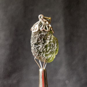 Raw MOLDAVITE Pendant - Sterling Silver, Leaf Bail - Moldavite Necklace Pendant, Genuine Moldavite Jewelry, 44583