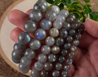 Bracciale con perline rotonde LABRADORITE da 5-13 mm: gioielli in cristallo con flash, pietre curative, regalo di compleanno, E0610