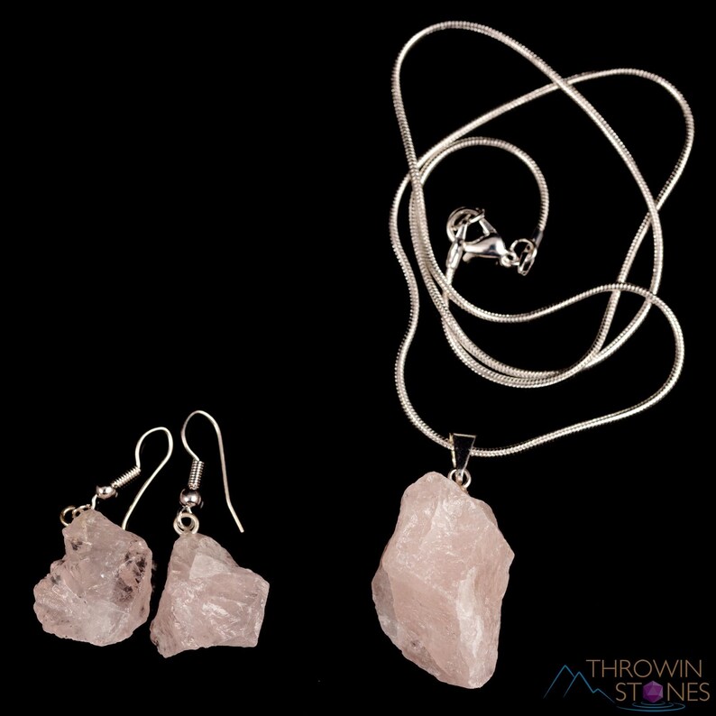 ROSENKVARTS Halsband Örhängen Set - Rå Sten Handgjorda Smycken, Naturliga Läkande Kristaller, E0553 bild 8