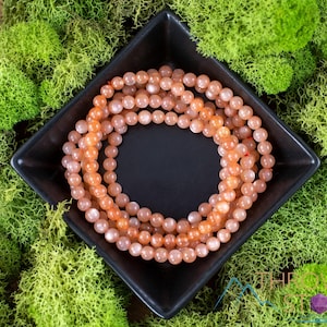 Orange SUNSTONE Crystal Bracelet  :  Round Bead Genuine Gemstone Handmade Elastic Jewelry, E0994