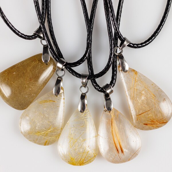 Golden RUTILATED QUARTZ Gemstone Necklace - Polished Crystals, Crown Chakra, Protection Jewelry, E1590