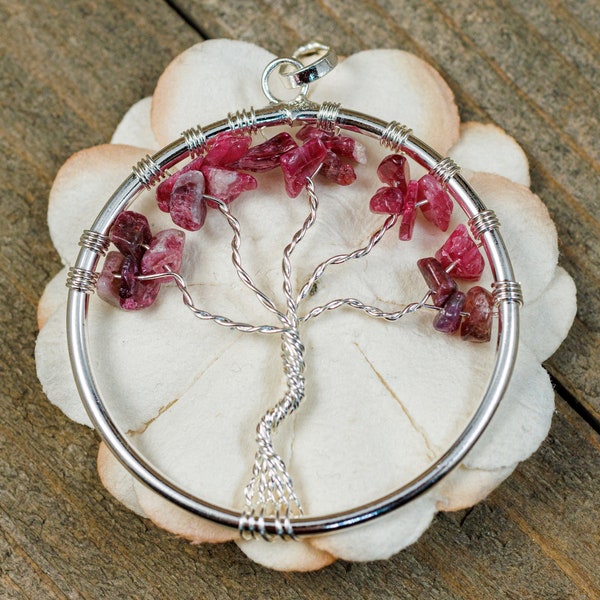 Pink TOURMALINE Tree of Life Gemstone Pendant - Wire Wrapped Pendant, Crystal Jewelry,  E2094