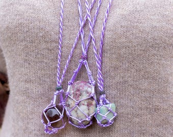 Macrame Crystal Pouch Necklace - EMPTY - Woven Cage & Cord Crystal Net Holder - E2060