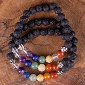 CHAKRA & LAVA ROCK Round Beaded Bracelet -  Essential Oil, Lave Stone, Crystal Bracelet, E1968