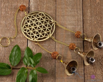 Golden Wind Chime with Brass Bells & Rudraksha Beads - Seed of Life, Metal Windchimes, Sacred Geometry - 11 inch, E0494