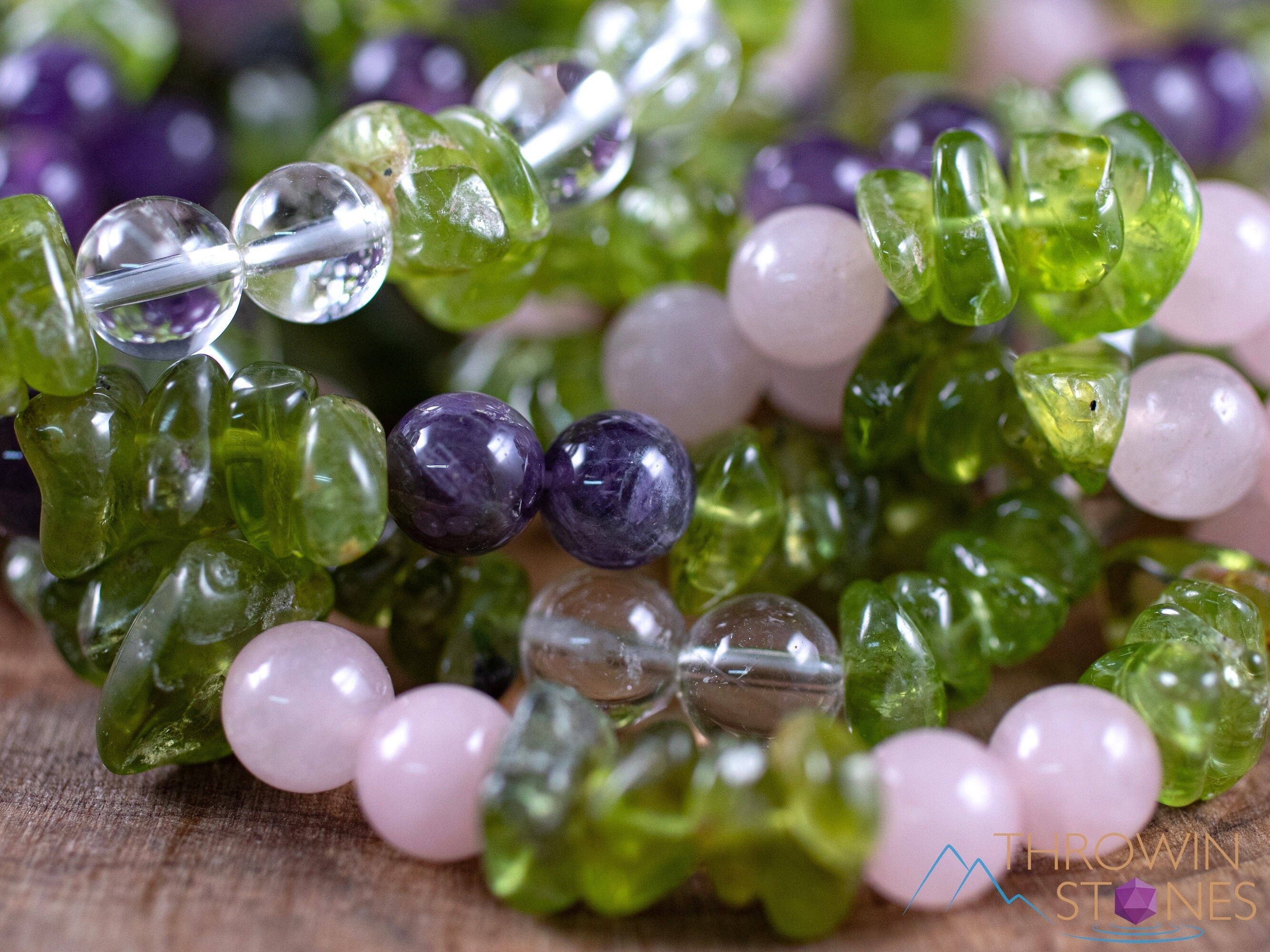 PERIDOT Gemstone Bracelet - Genuine Peridot Chip Crystals paired with AMETHYST, ROSE Quartz, or Clear Quartz Round Polished Beads, E2014