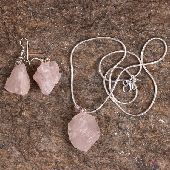 ROSE QUARTZ Necklace Earrings Set - Raw Stone Handmade Jewelry, Natural Healing Crystals, E0553