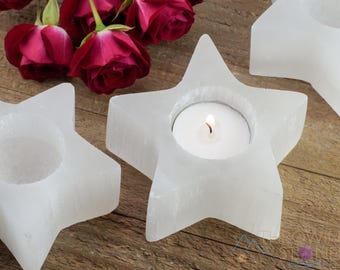 White SELENITE Star Candle Holder  :  3.5" Carved Satin Spar Crystal Decor, Tea Light, E1226