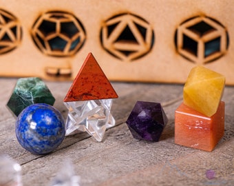 Platonic Solid Set, Merkaba Crystal, Sphere, in Crystal Grid Board Wooden Box - Chakra, Rose or Clear Quartz - Sacred Geometry, E1760