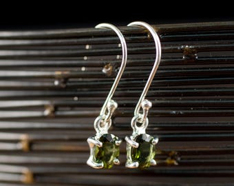 Sterling Silver Faceted MOLDAVITE Earrings  :  Prong Set Authentic Green Crystal Jewelry with Certification,  E2065