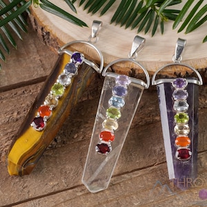 CHAKRA Healing Crystal Point Pendant - Bridesmaid Gift, Chakra Crystals, Raw Stone Jewelry, Chakra Stones - E1115