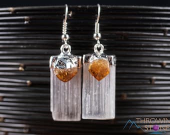 SELENITE And CITRINE Earrings  :  Raw Yellow Crystal Drop Healing Stone Jewelry Gift, E1979