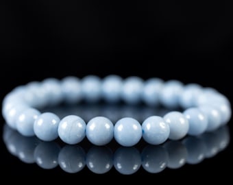 ANGELITE 8 mm rundes Perlenarmband: Blauer elastischer Kristallkristallarmband, einzigartiges Schmuckgeschenk, E0537