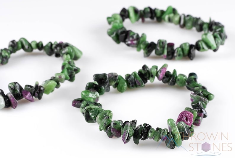 Handcrafted Genuine Ruby Zoisite chip bracelet. These green and red tumbled chips are drilled and strung on beading cord to create an endless bracelet. Each crystal bracelet is unique in shape and color and has a wrist circumference of about 6 inches